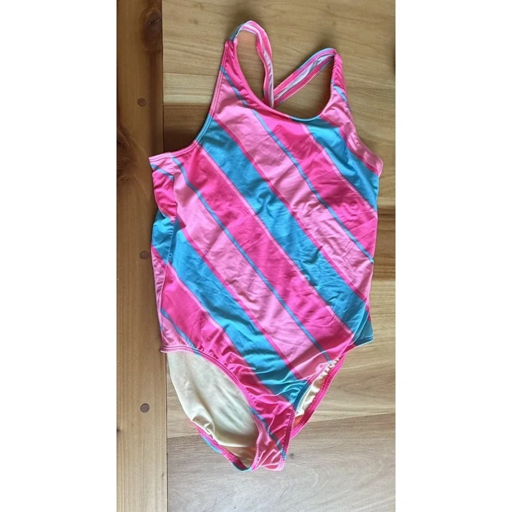 Lot Of 3 Lands End Swimsuits Girls Plus Size 10-12 Pink Blue Purple Green EUC